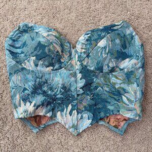 Floral Tapestry Corset Top Women XS Blue Renaissance Fairy Bustier Whimsy Gothic